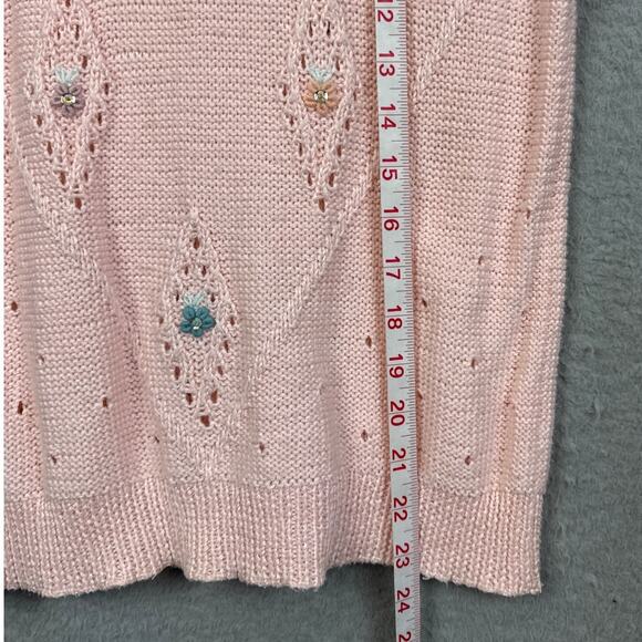 Vintage 70's Women's Knitted Sweater Lt Pink Floral Grandmacore Cottagecore - Picture 7 of 9